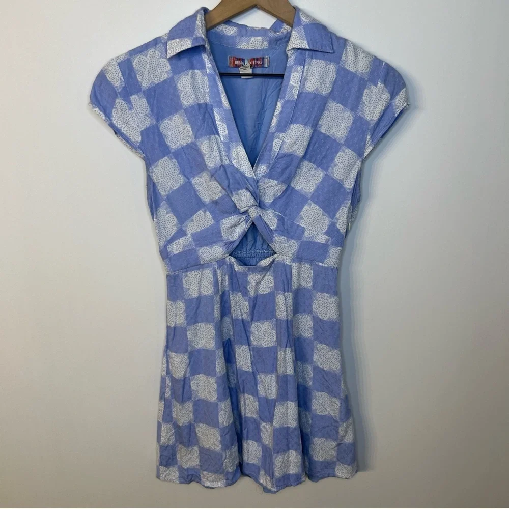 Urban Outfitters Harlow Twist Front Mini Dress, Blue White Floral Check, Small - Picture 5 of 12